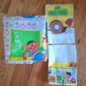 Vintage Sesame Street Twin Size Flat & 2 Pillowcase Bed Sheet Set School Bus 80
